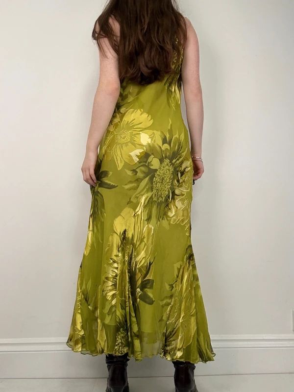 green floral watercolour silk bias cut maxi dress