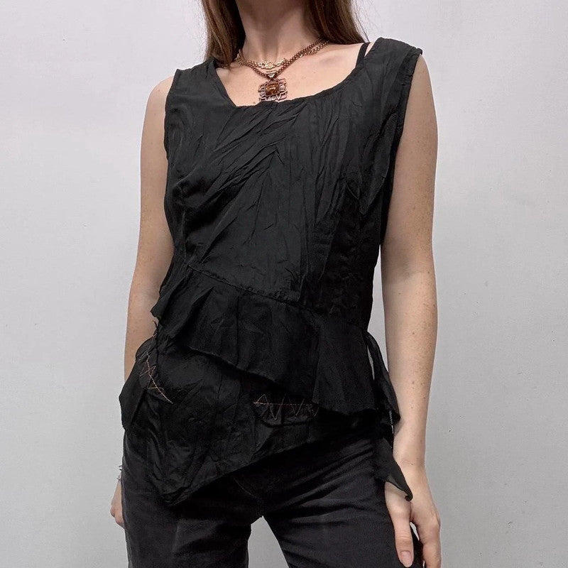 black crinkle layered flared vest