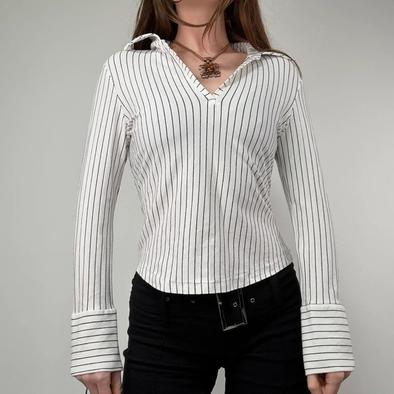 white pinstripe fitted flared shirt