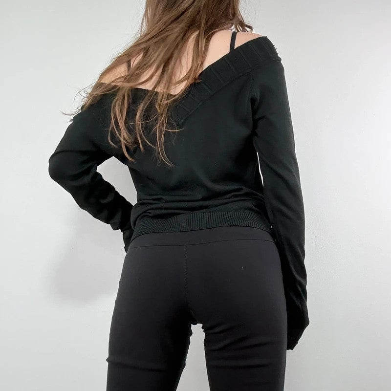 slouchy black off the shoulder glitter ribbed sweater