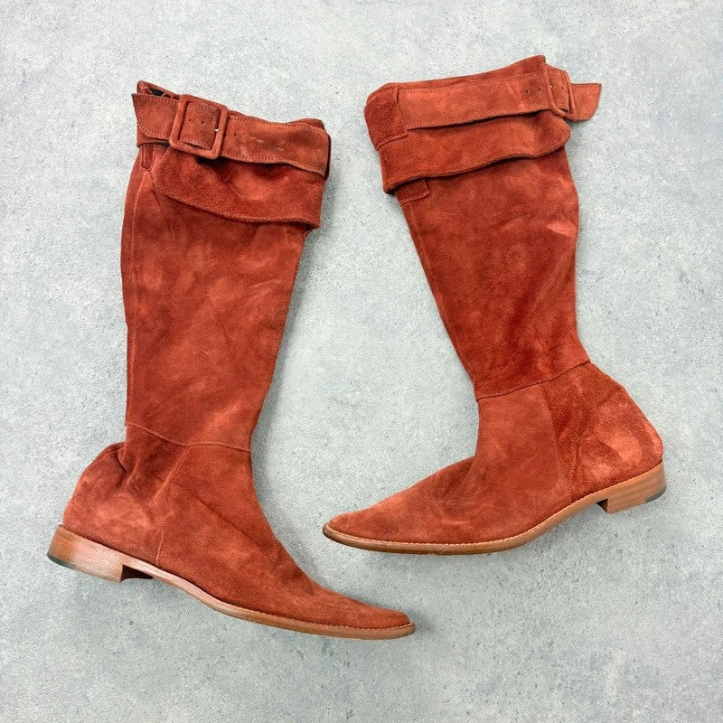 Pointed toe burnt orange suede buckle 70s boots
