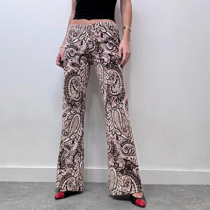 brown paisley patterned flared cord trousers