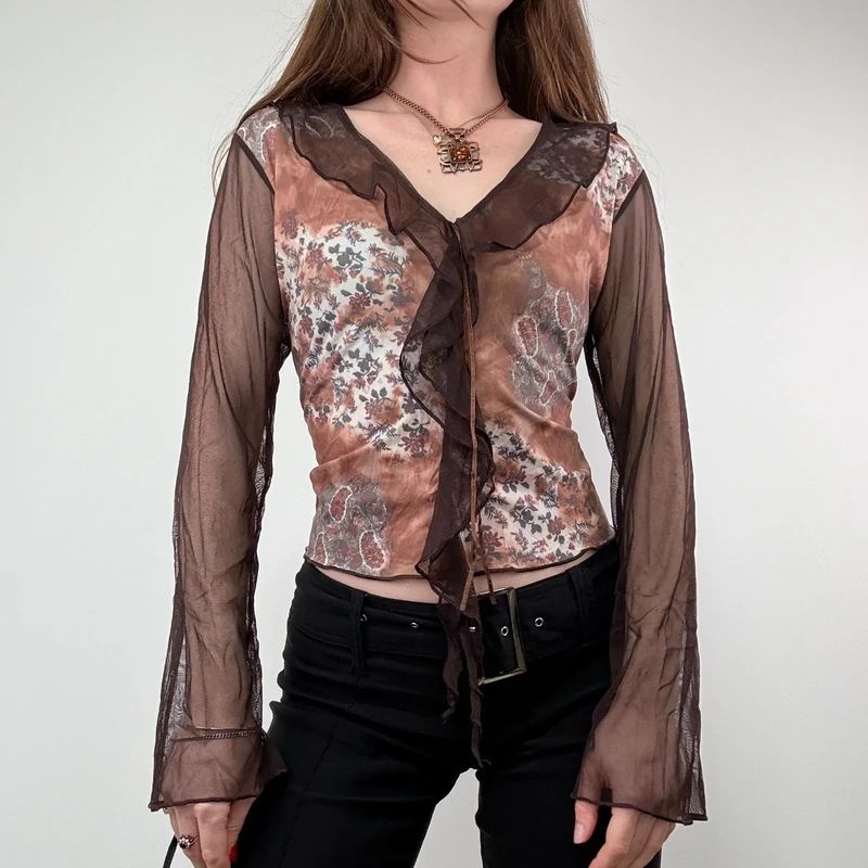 Brown floaty sheer Flared Boho Shirt