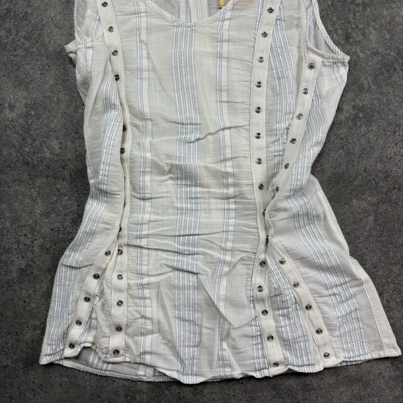 white cotton textured pinstripe popper vest top