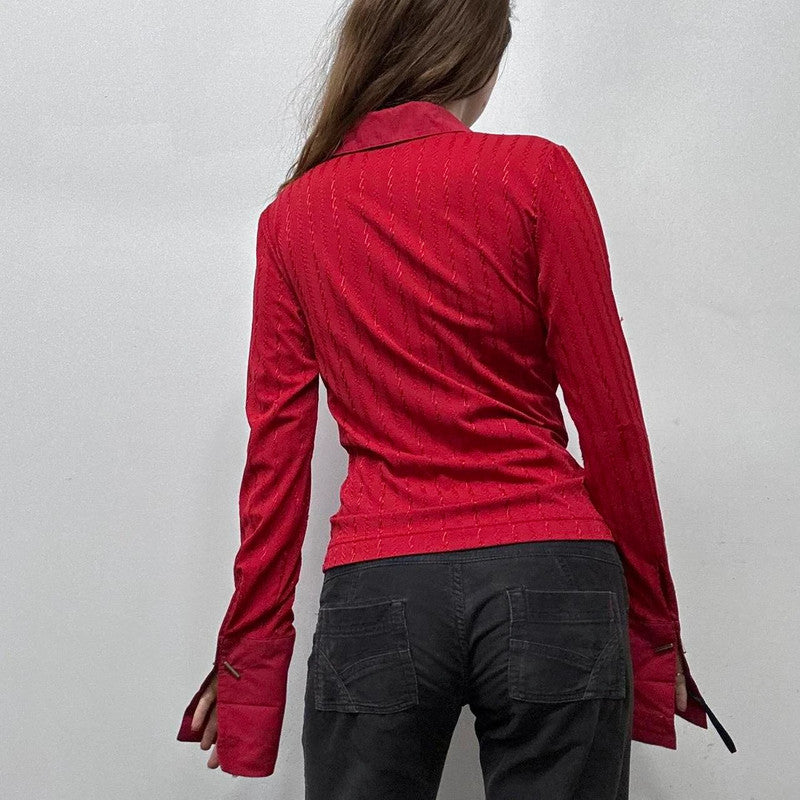 red zip up pinstripe flared shirt