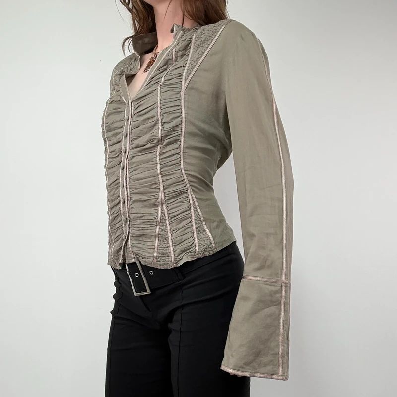 Khaki Gathered Lace Corset Shirt