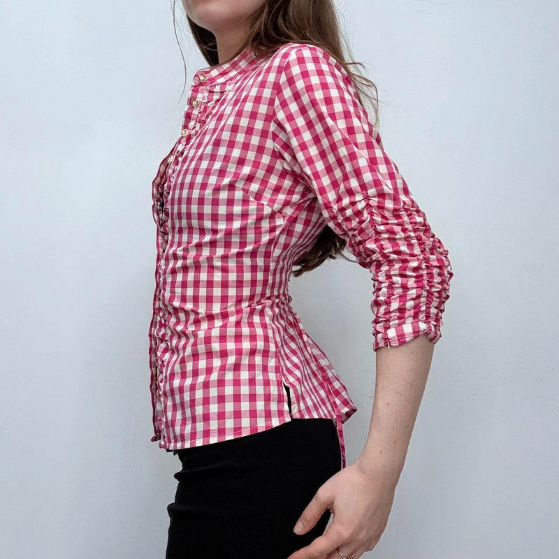 pink tartan ruffle ruched shirt