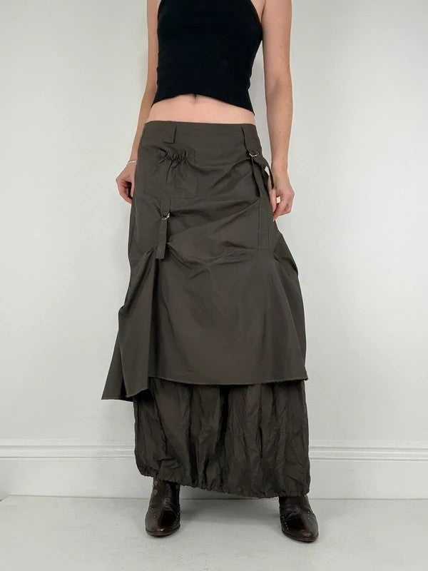 khaki layered tech utility maxi skirt