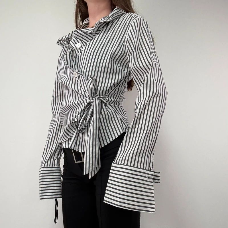 Asymmetric Pinstripe Wrap Ruffle Shirt