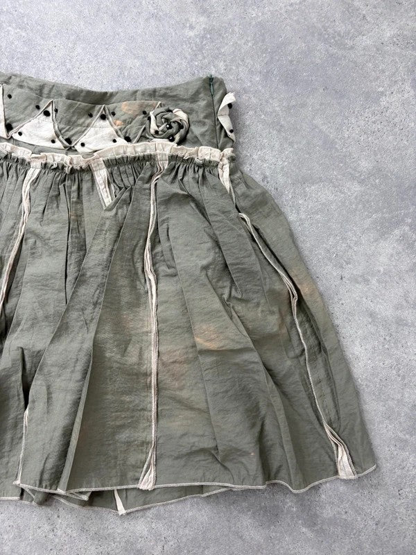 khaki pleated drop waist midi skirt