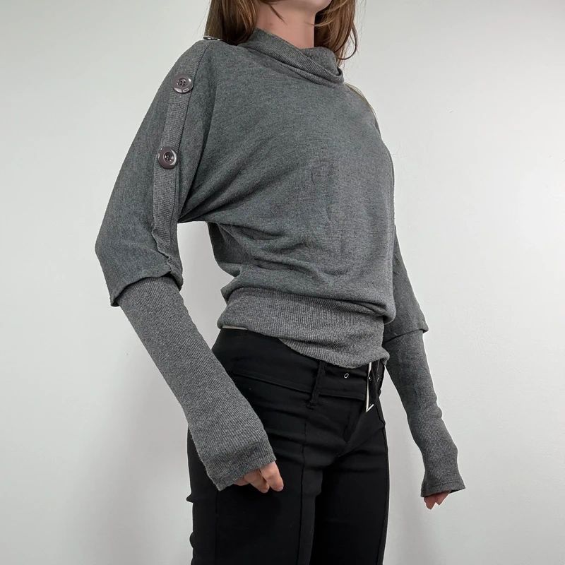 grey slouchy knit ribbed fitted jumper with button details