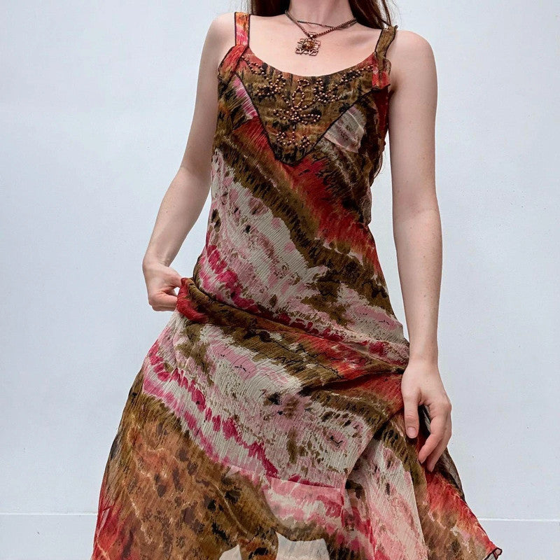 bias cut distressed printed earthy tone midi dress