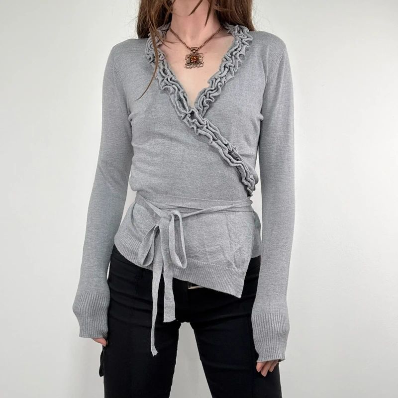 grey knit ruffle wrap cardigan