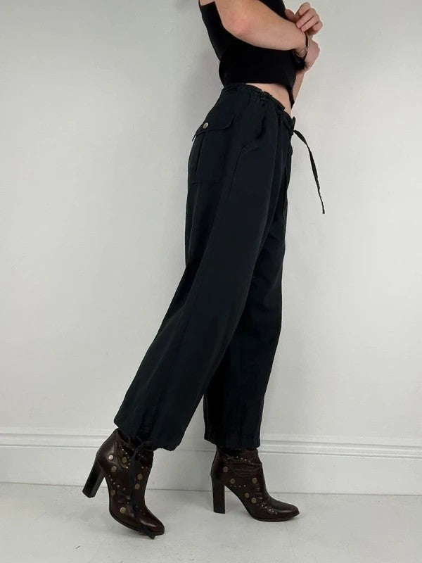 navy drawstring linen low rise trousers