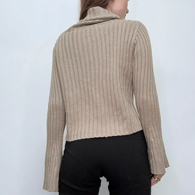 tan ribbed flared fold-over neck jumper