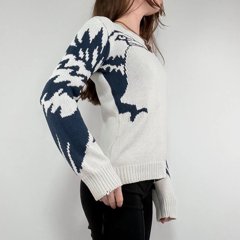 chunky knitted slouchy neck graphic jumper