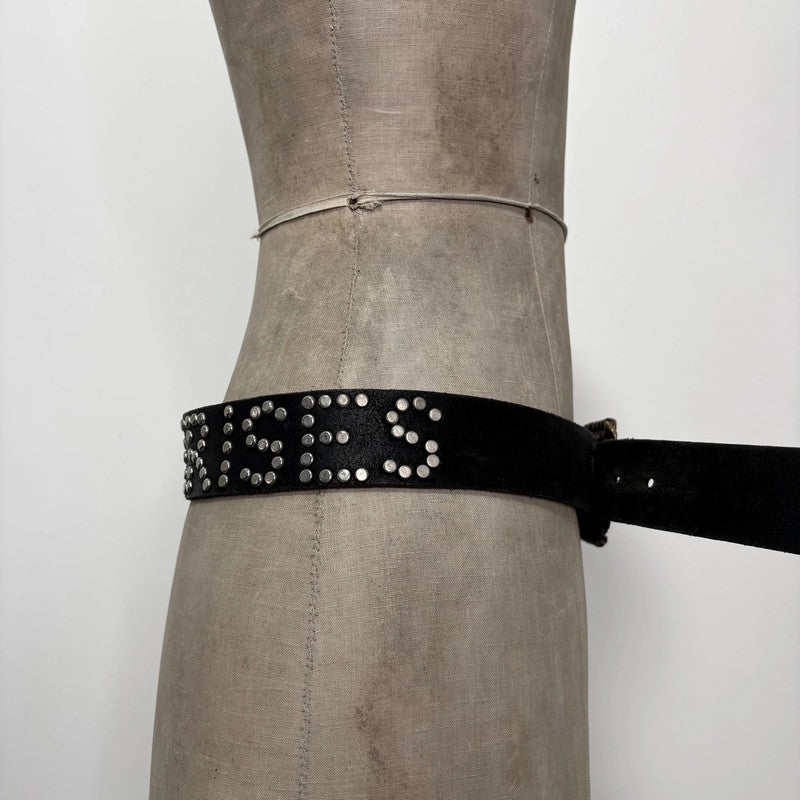 black leather studded spellout belt