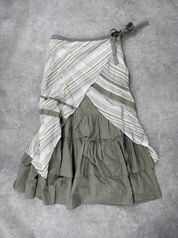 khaki layered pleated ruffle cotton maxi skirt