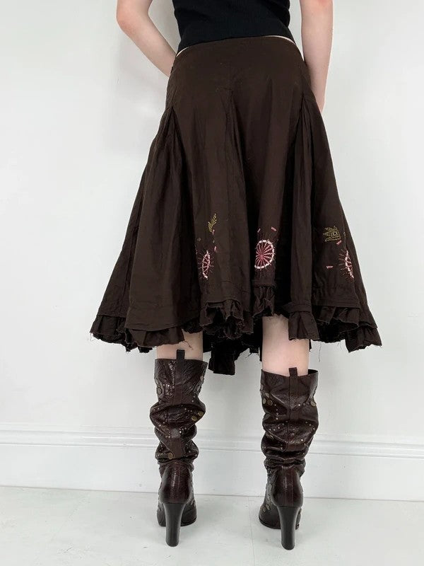 Brown cotton pleated flare boho floral skirt