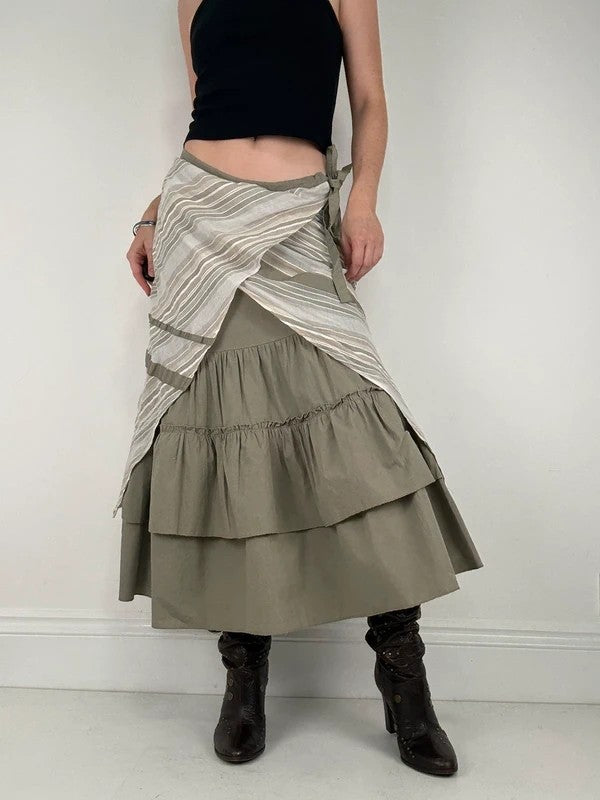 khaki layered pleated ruffle cotton maxi skirt