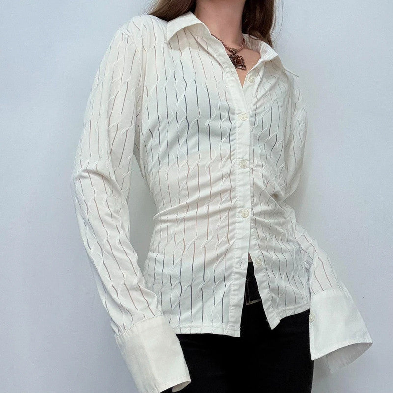 sheer white stretch flared shirt