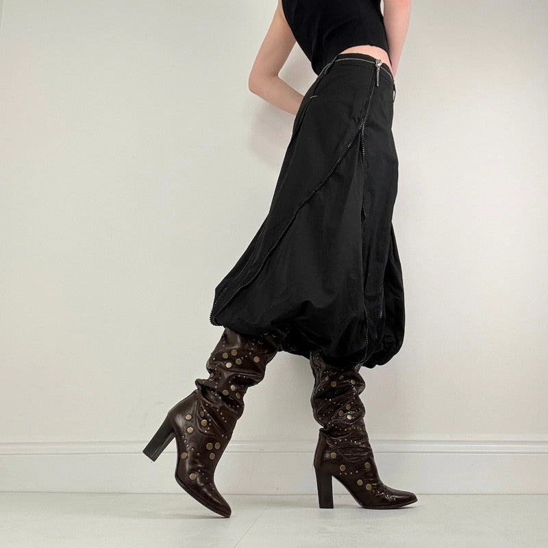 Black structured puff zip midi skirt