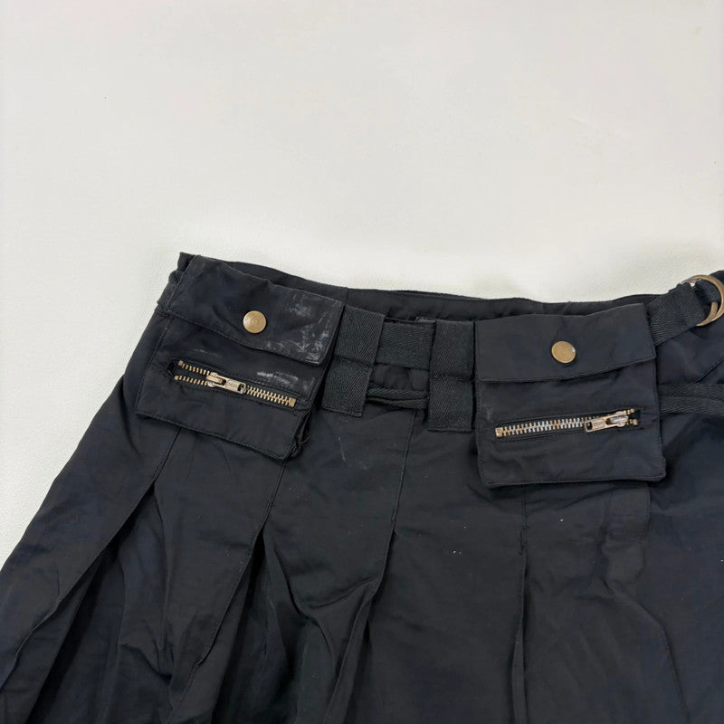 black pleated flared utility mini skirt