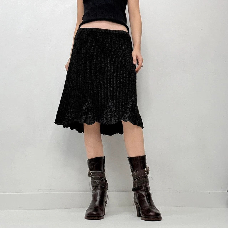 black crinkle plisse midi skirt
