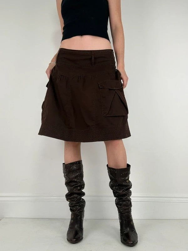 pleated brown cotton thick waistband drop waist puff midi skirt