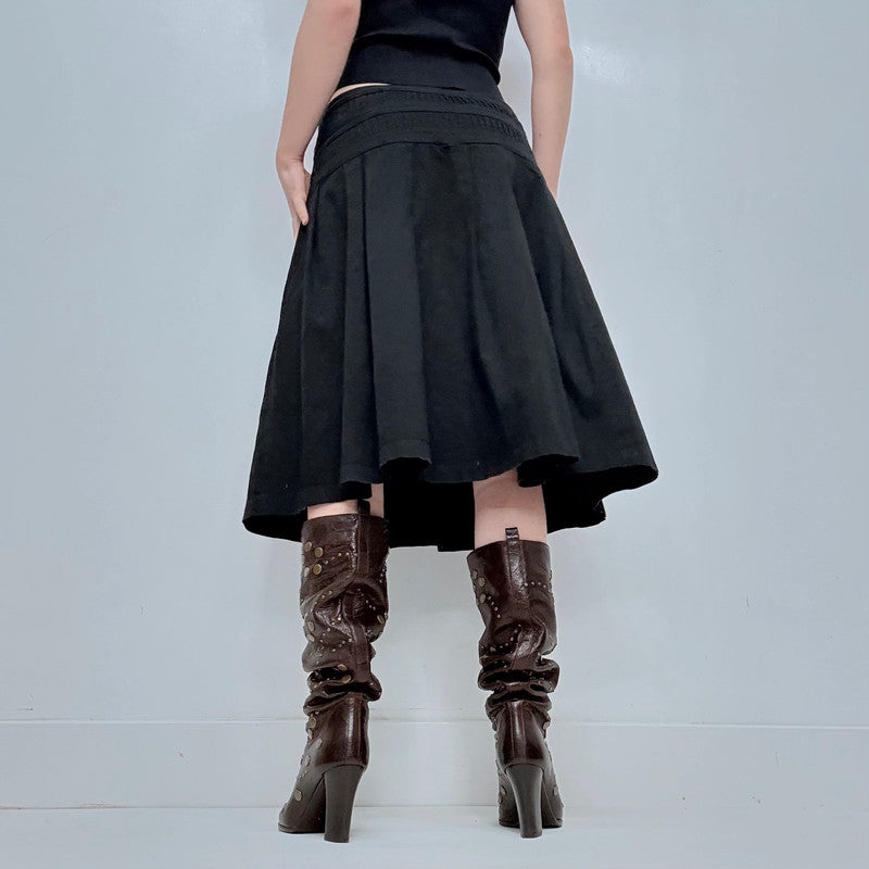 black pleated drop waist midi skirt