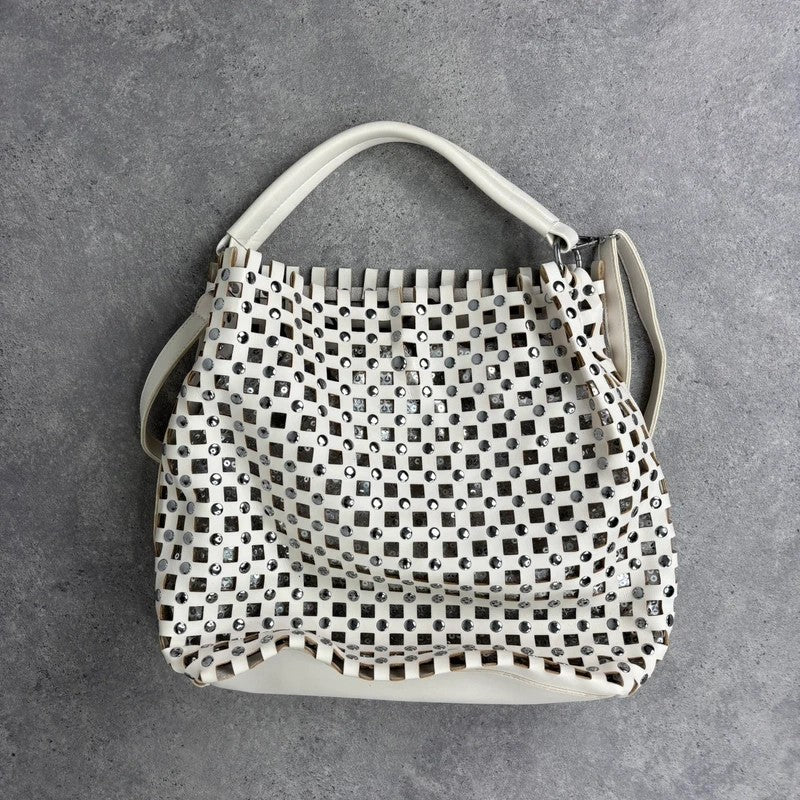 Studded faux-leather woven glitter hobo bag