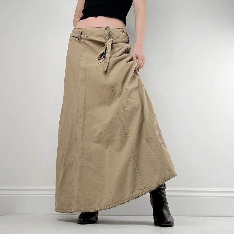 tan linen flared maxi skirt