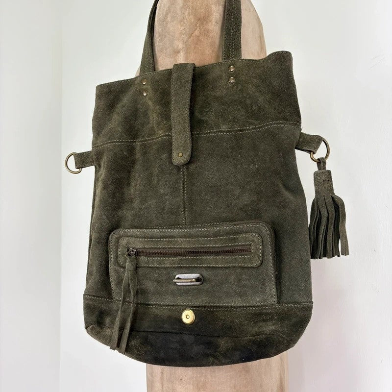 Khaki green suede leather tassel tote bag