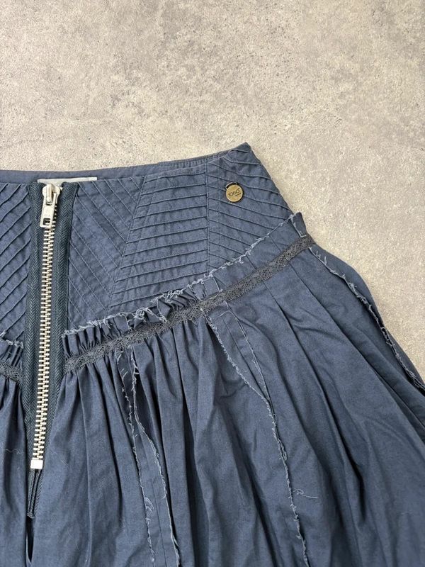 Puff parachute navy pleated midi flare skirt with zipper