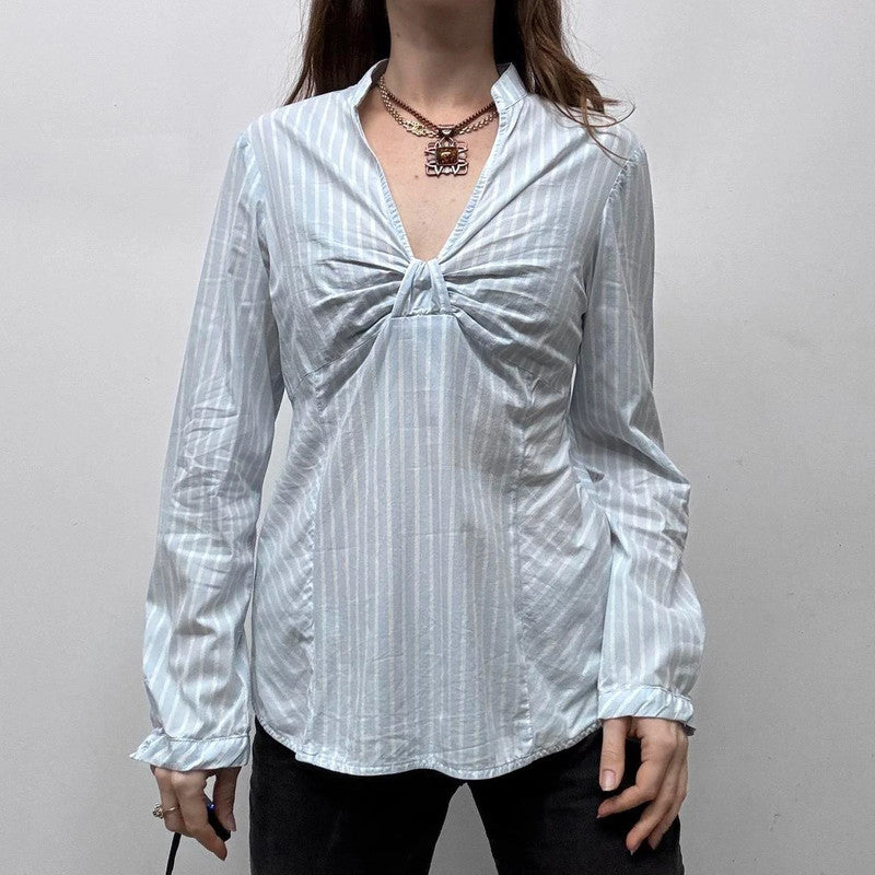 blue pinstripe flared office shirt