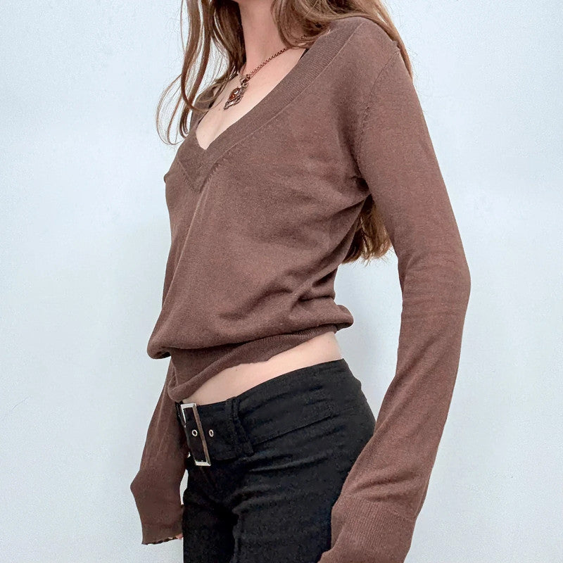 brown sheer knit slouchy off the shoulder jumper
