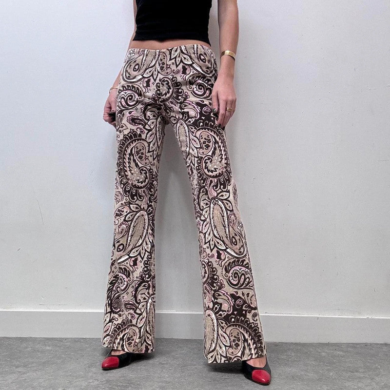 brown paisley patterned flared cord trousers