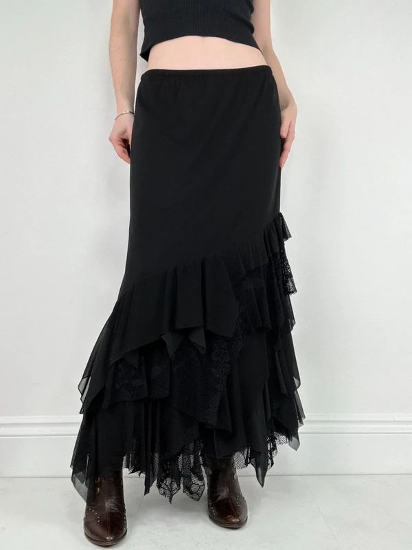 black ruffle grunge layered whimsygoth maxi skirt