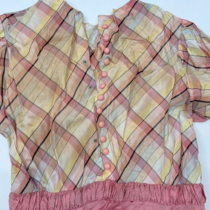 Antique preppy pink checked fitted flared pleated dress