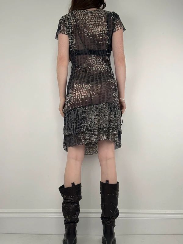slouchy grey polkadot snake cowl neck draped mini dress