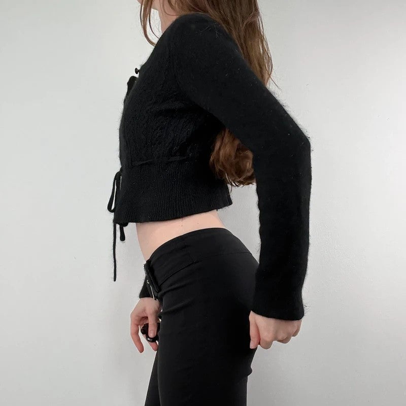 black cropped preppy angora wool cardigan