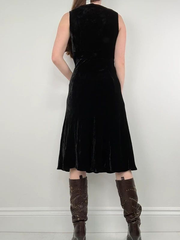 black velvet fitted flared midi dress