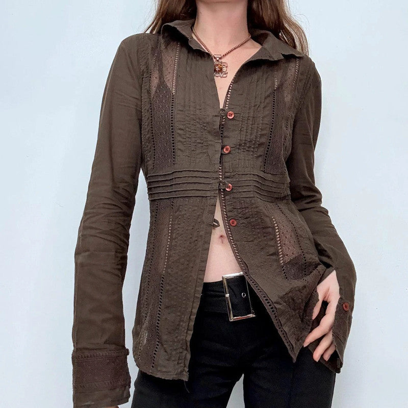 brown lace flared sheer shirt