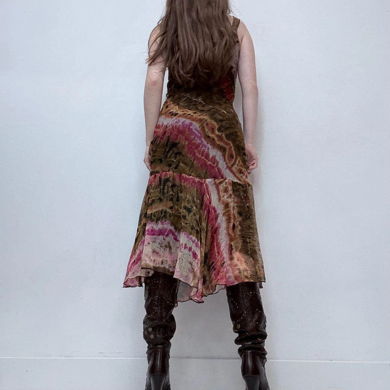 bias cut distressed printed earthy tone midi dress