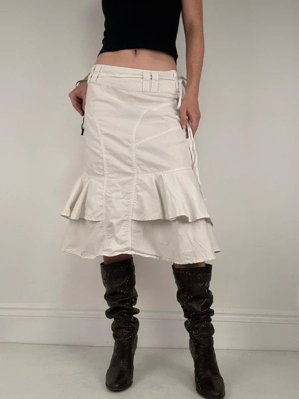 white ruffle low rise layered midi skirt