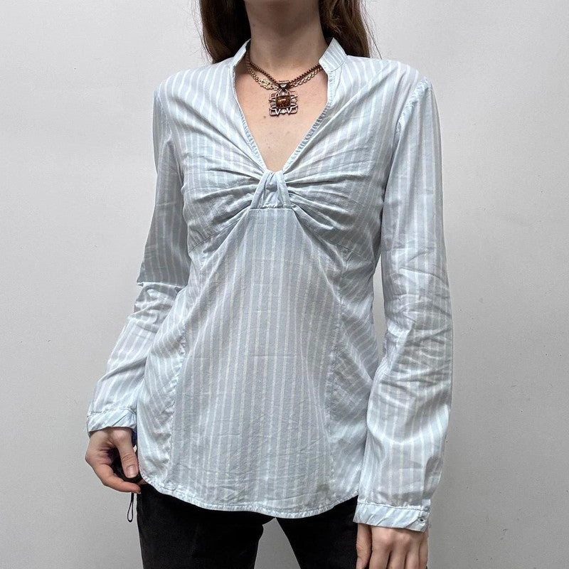 blue pinstripe flared office shirt