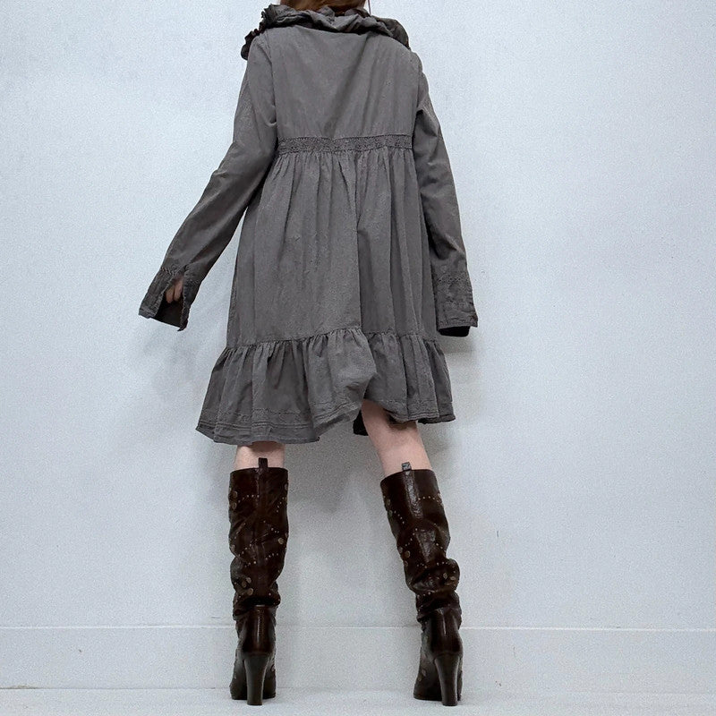 grey pleated puff shirt dress