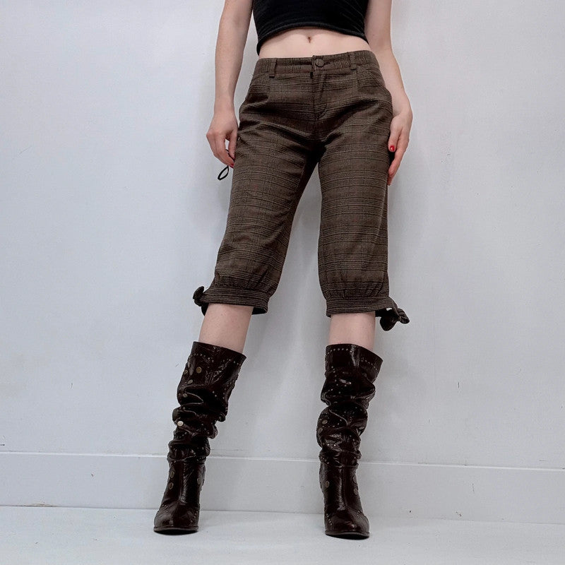 brown tartan preppy cropped puff capri pants
