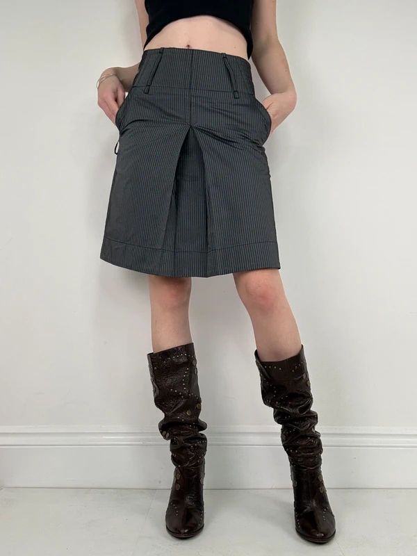 grey pinstripe flared pleated midi skirt