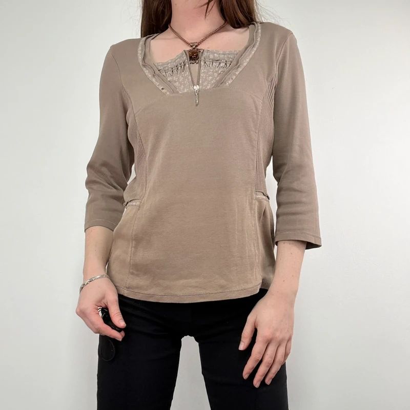 khaki cotton 3/4 length sleeve t-shirt